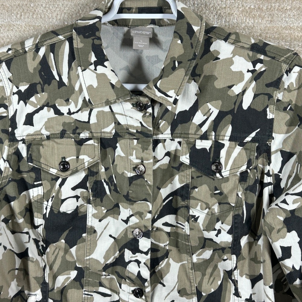 Chicos Womens Gorpcore Abstract Camo Denim Jacket Utility Green Plus 4 20/22